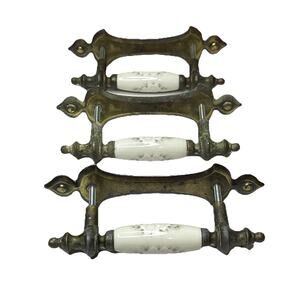 Vintage Keeler‎ Brass Drawer Pulls N14643 Ornate Brass Porcelain Floral Lot of 3